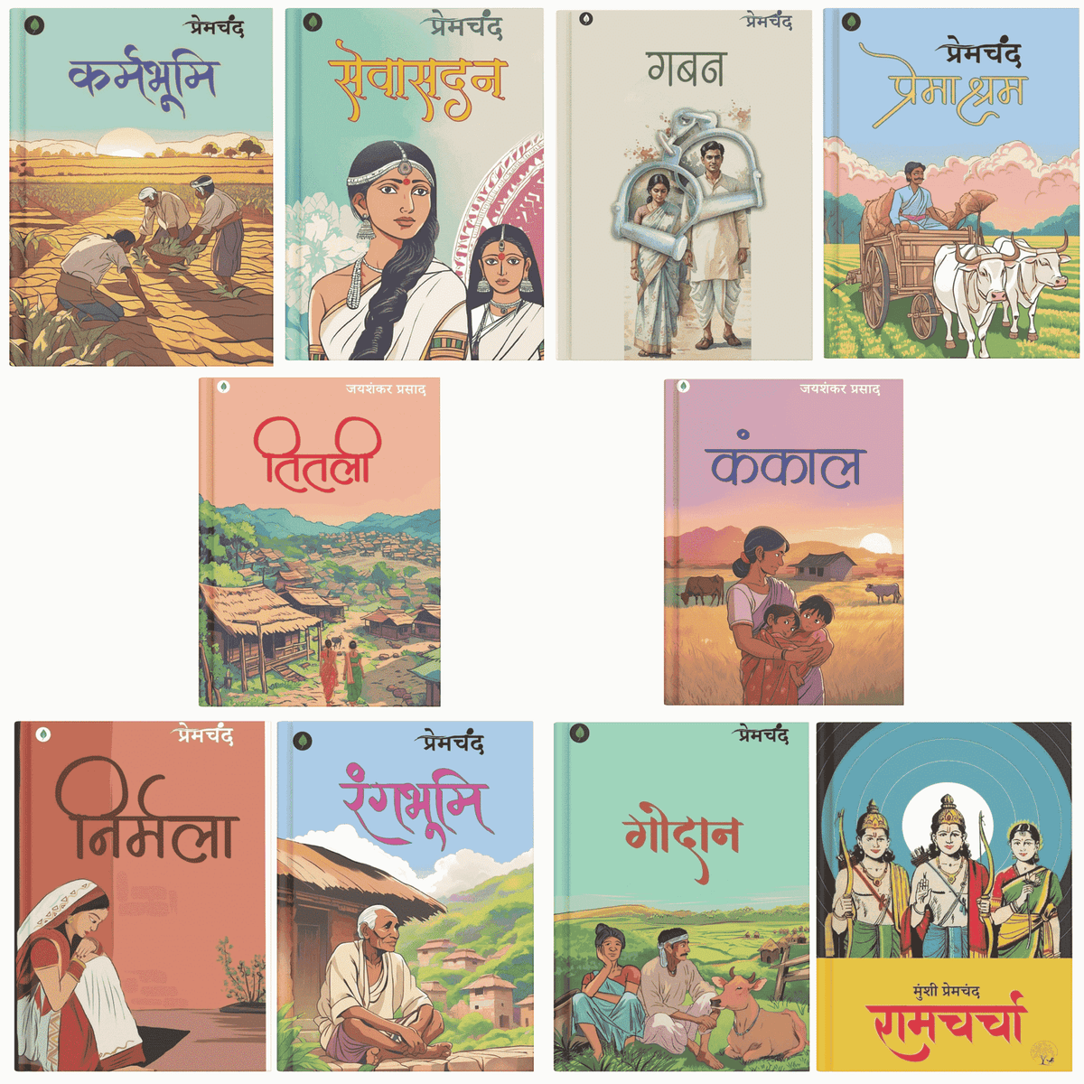 Classic Hindi Literature Collection – Set of 10 Books | Rangbhoomi, Premashram, Nirmala, Godan, Karmabhoomi, Gaban, Seva Sa