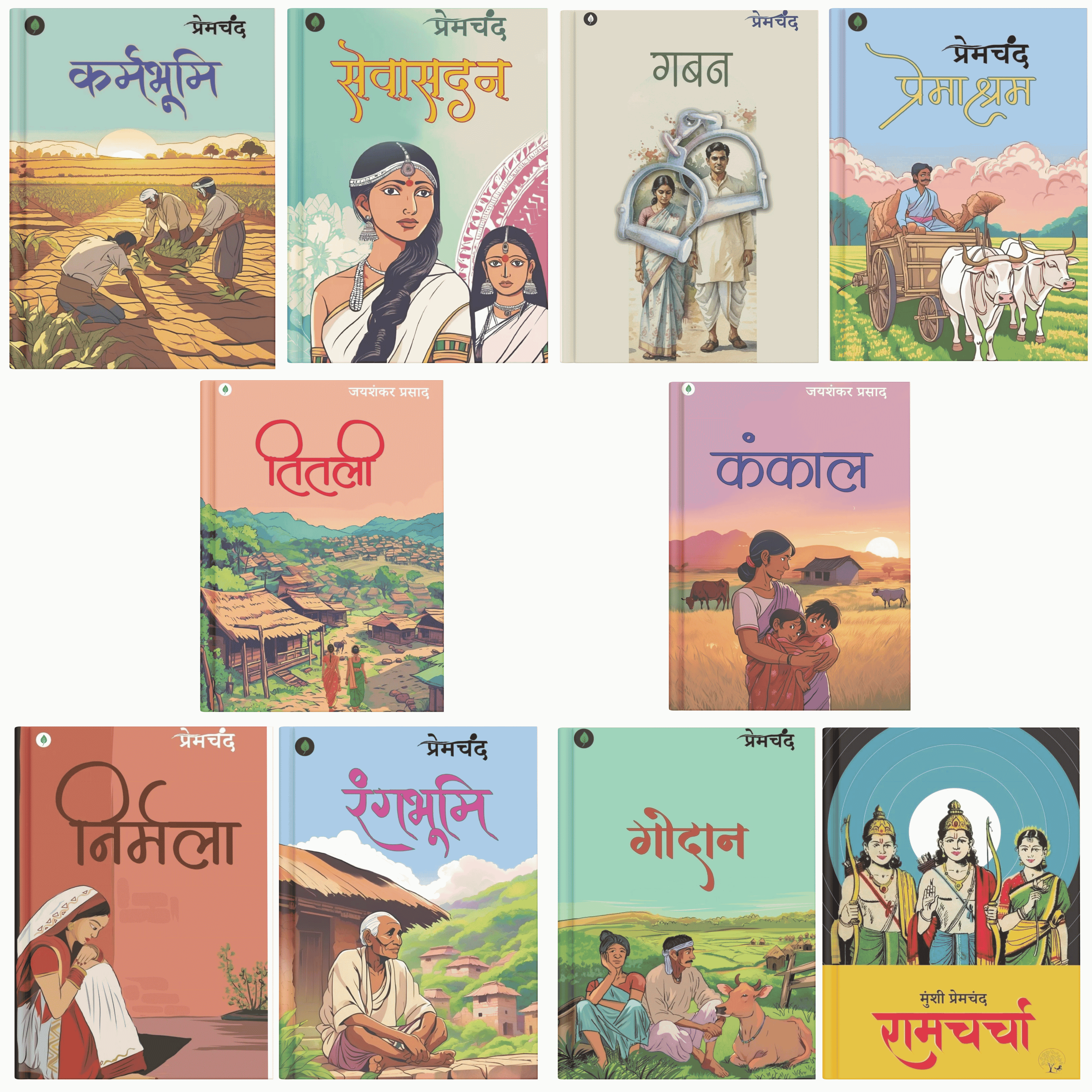 Classic Hindi Literature Collection – Set of 10 Books | Rangbhoomi, Premashram, Nirmala, Godan, Karmabhoomi, Gaban, Seva Sadan, Ramcharcha, Titli & Kankaal