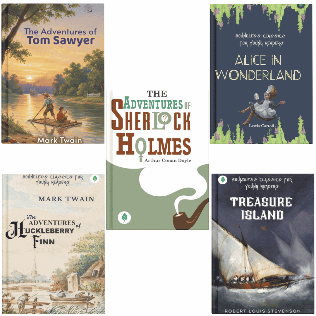World Classics Collection – Set of 5 Books | Alice in Wonderland, Sherlock Holmes, Huckleberry Finn, Tom Sawyer & Treasure Island